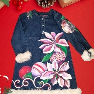 Custom-made Christmas Hand Painted Denim faux fur pageant Dress size 4 Holiday